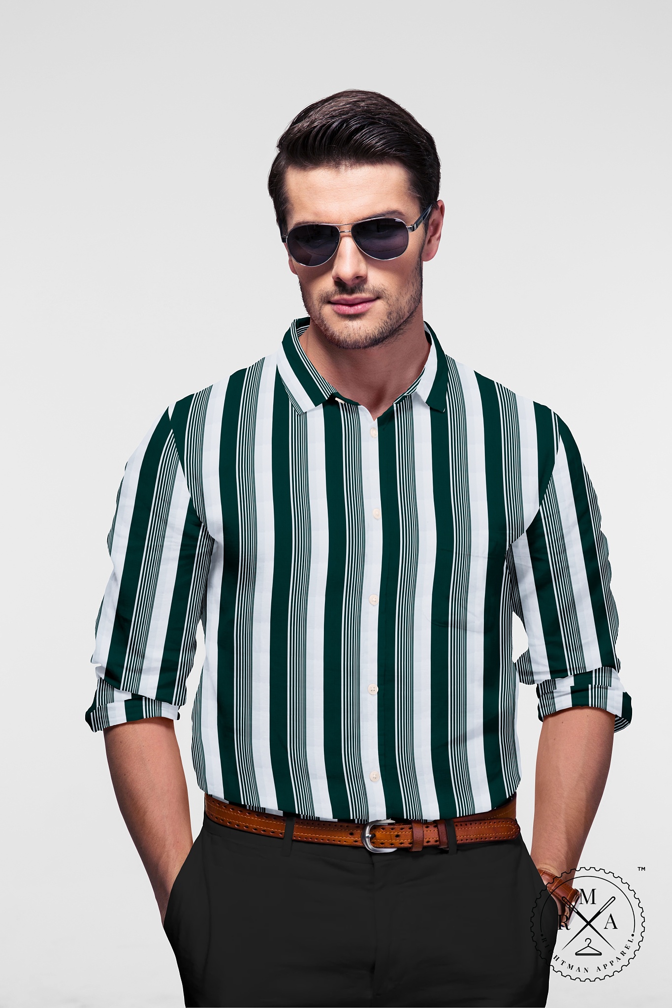Jungle Green Striped White Cotton Shirt SH252